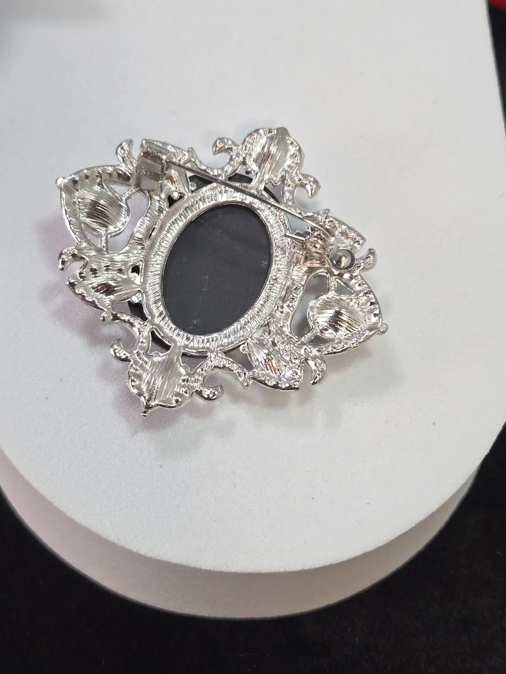 Silver Blue Cameo Brooch Victorian Rhinestone Filigree Diamond Pendant Pin Glam